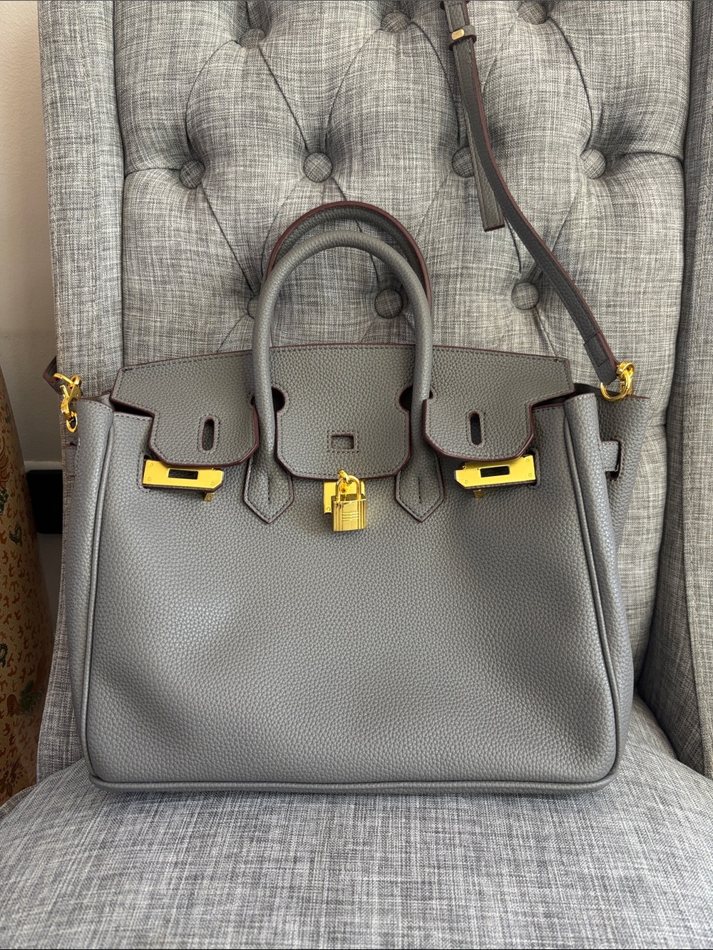 Luxury Gray Leather like Top-Handle Bag with Gold Hardware
